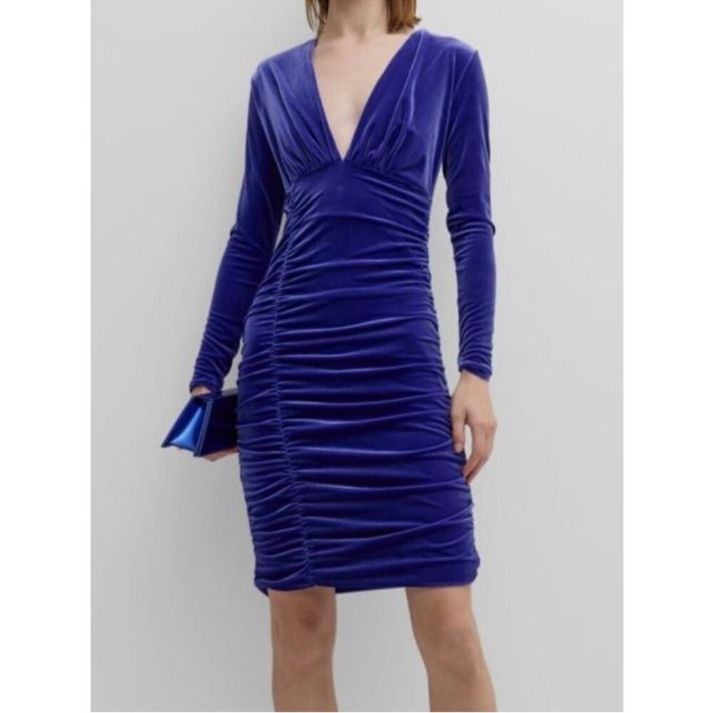 Chiara Boni Blue Yori Ruched Deep V-Neck Velvet Mini Dress